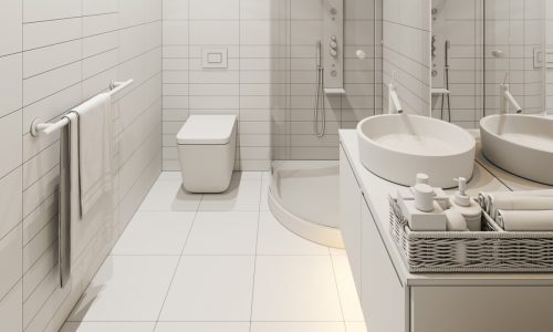 3d render interior design of the bathroom with a corner shower. Illustration of the interior in a modern style in beige tones. Vertical 3d Image