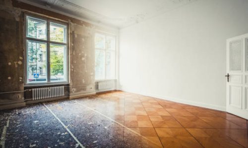 flat renovation, empty room before and after refurbishment or restoration photo merge
